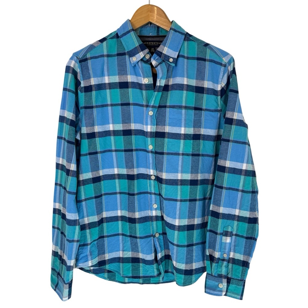 Aeropostale Women's Plaid Cotton Button-Down Shirt Size S Blue Green Preppy‎
